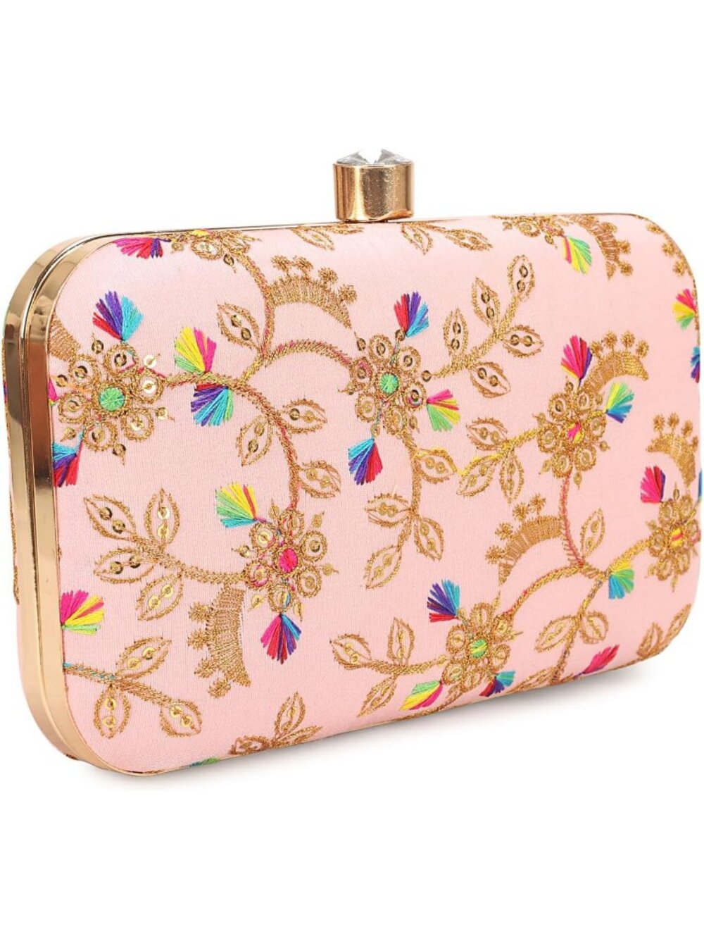 Women's Baby Pink Multi Handcrafted Designer Box Clutch Embroidery Evening Bag